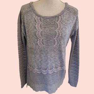 Anthropologie One September Grey Slub Texture Heirloom Lace Pullover Top